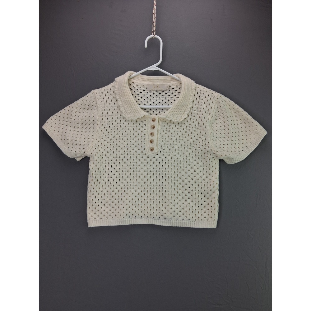 Lizette Collection Knit Polo Shirt XL Cream Pointelle Crochet Ruffle Collar